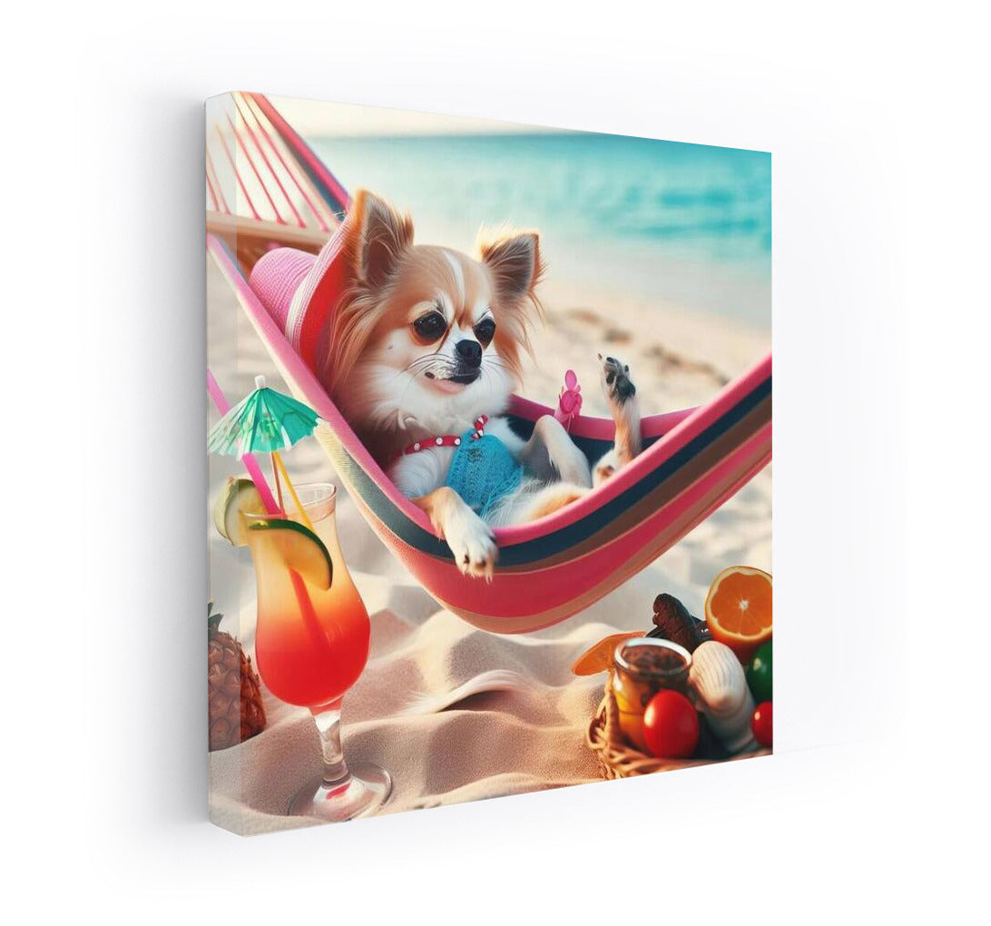 Chihuahua in Paradise: Relaxing in a Hammock with a Cocktail on the Beach