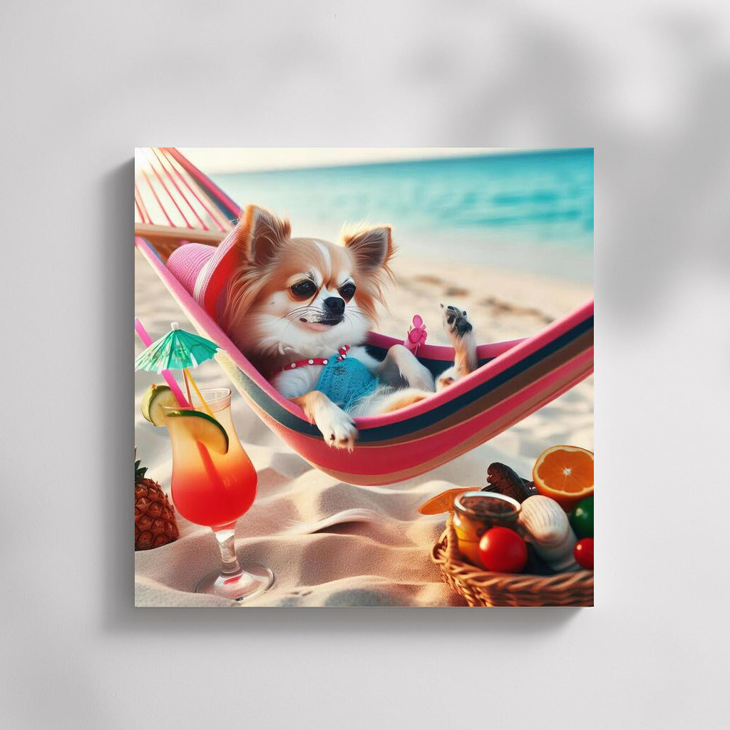 Chihuahua in Paradise: Relaxing in a Hammock with a Cocktail on the Beach