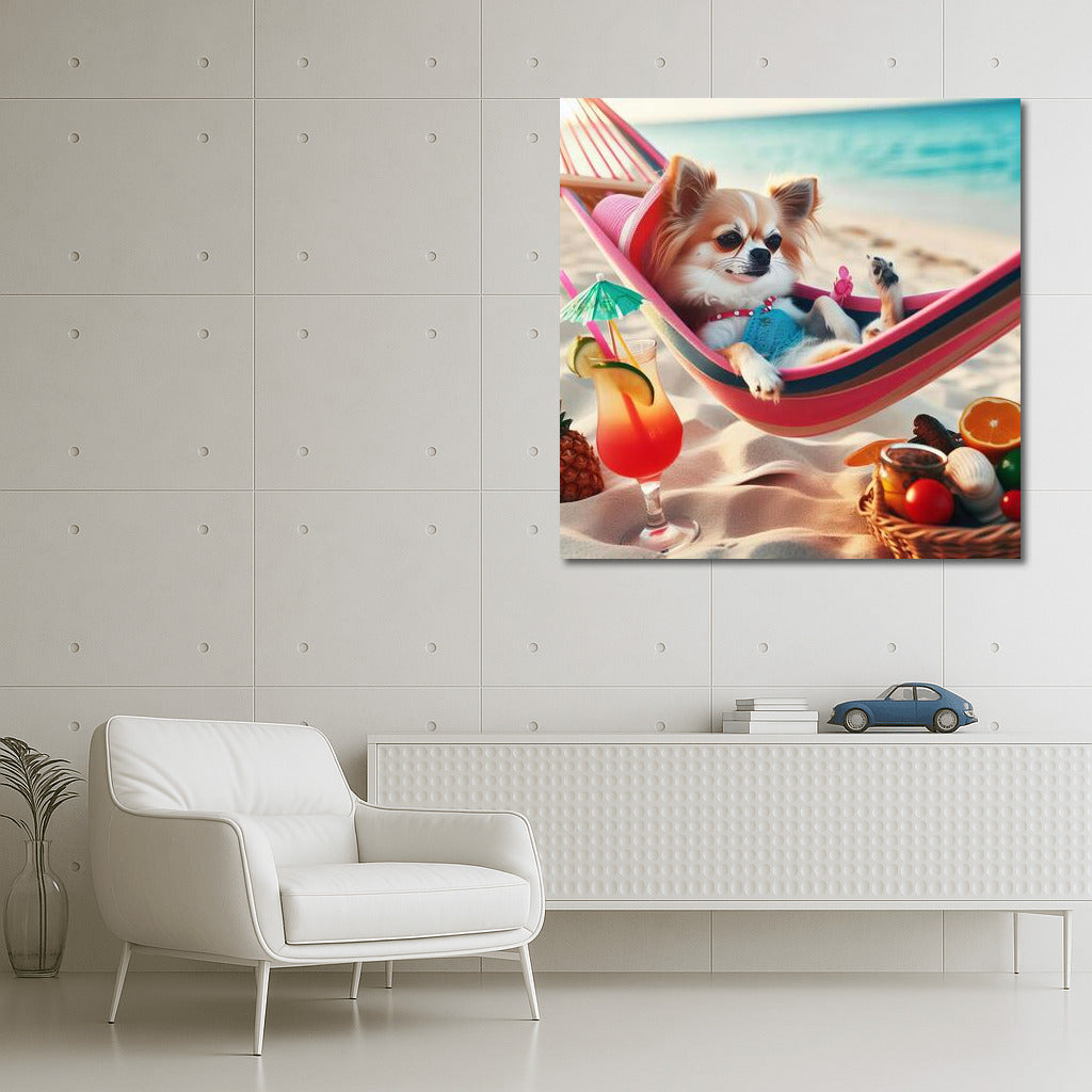 Chihuahua in Paradise: Relaxing in a Hammock with a Cocktail on the Beach