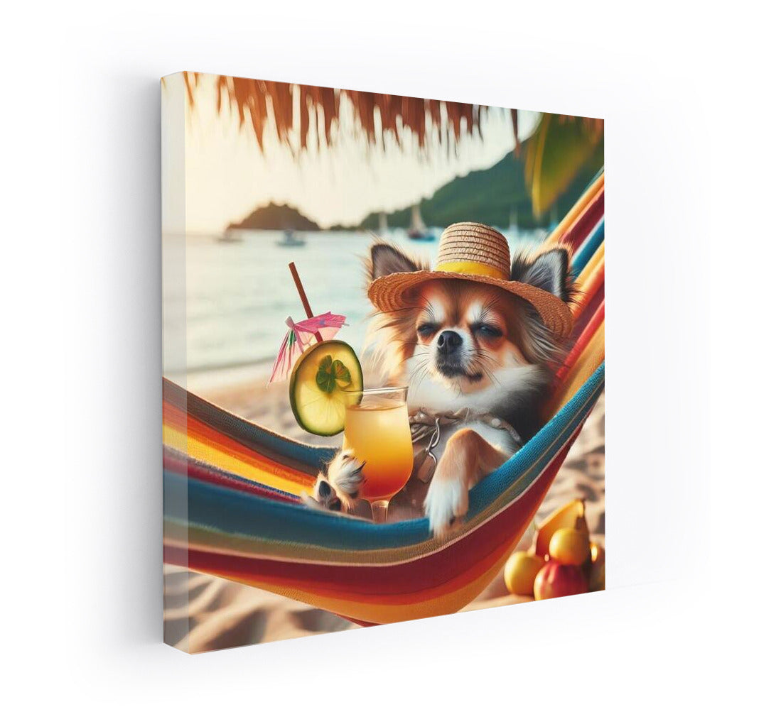Chihuahua on the Beach: Hammock and Cocktail for Summer Relaxation