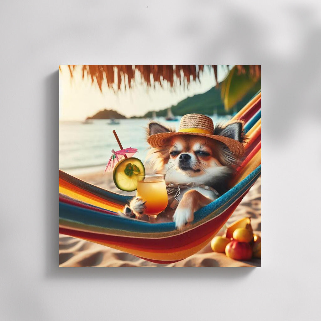 Chihuahua on the Beach: Hammock and Cocktail for Summer Relaxation