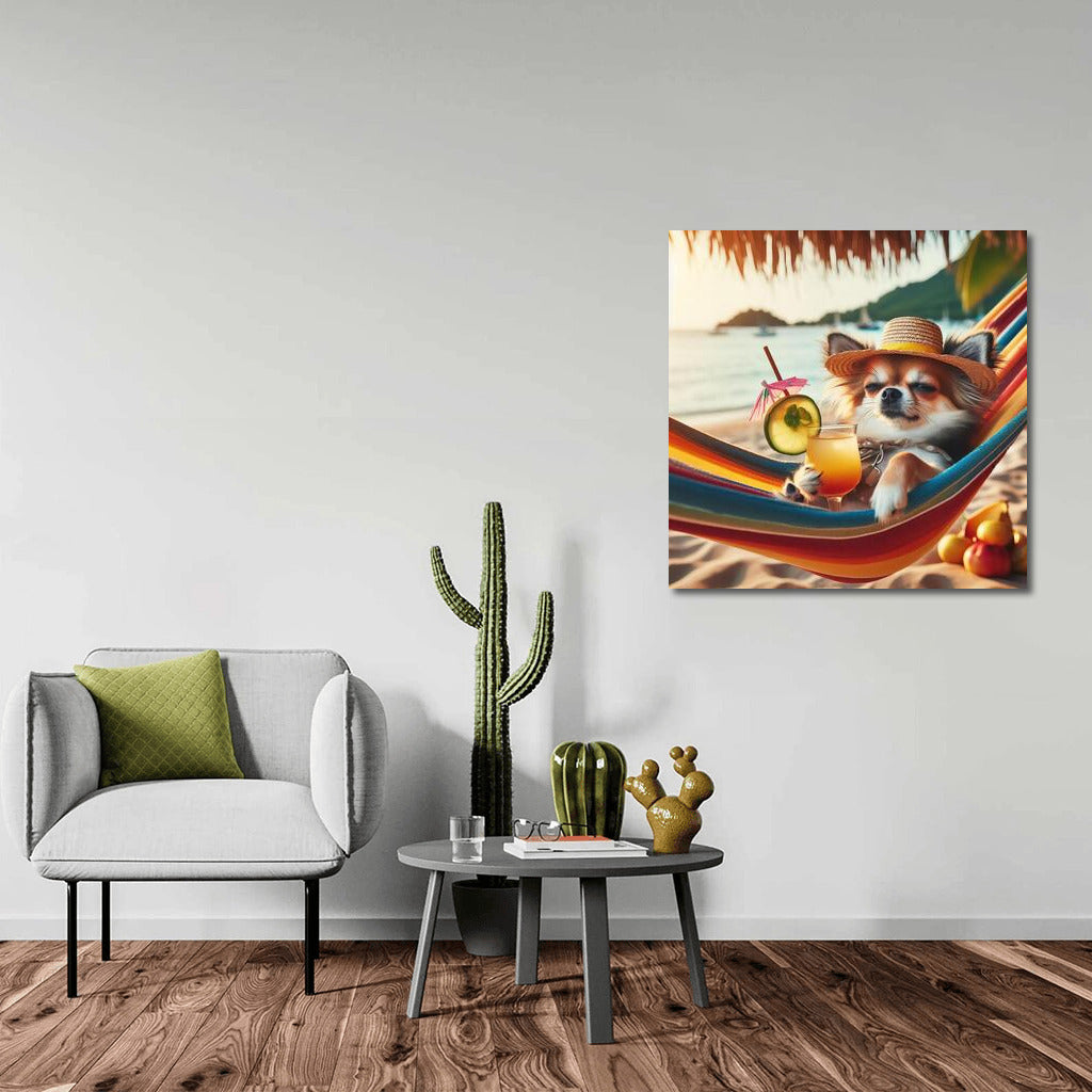 Chihuahua on the Beach: Hammock and Cocktail for Summer Relaxation