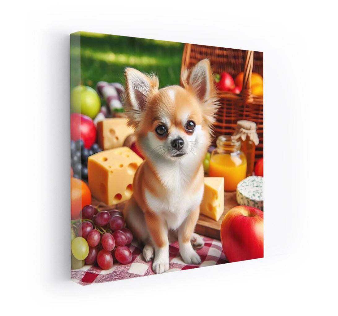 Chihuahua Picnic: Tasty Moments on a Plaid Blanket with Fruit and Cheese