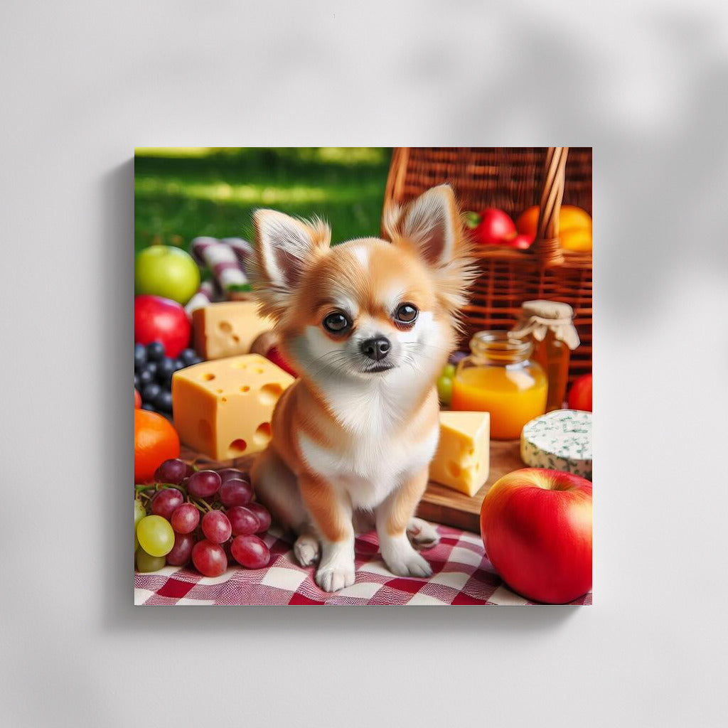 Chihuahua Picnic: Tasty Moments on a Plaid Blanket with Fruit and Cheese