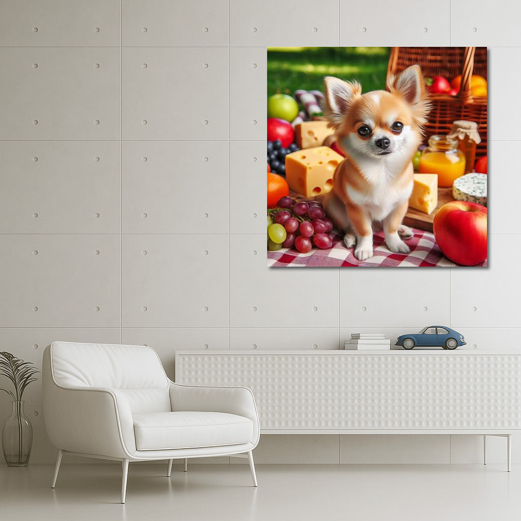 Chihuahua Picnic: Tasty Moments on a Plaid Blanket with Fruit and Cheese