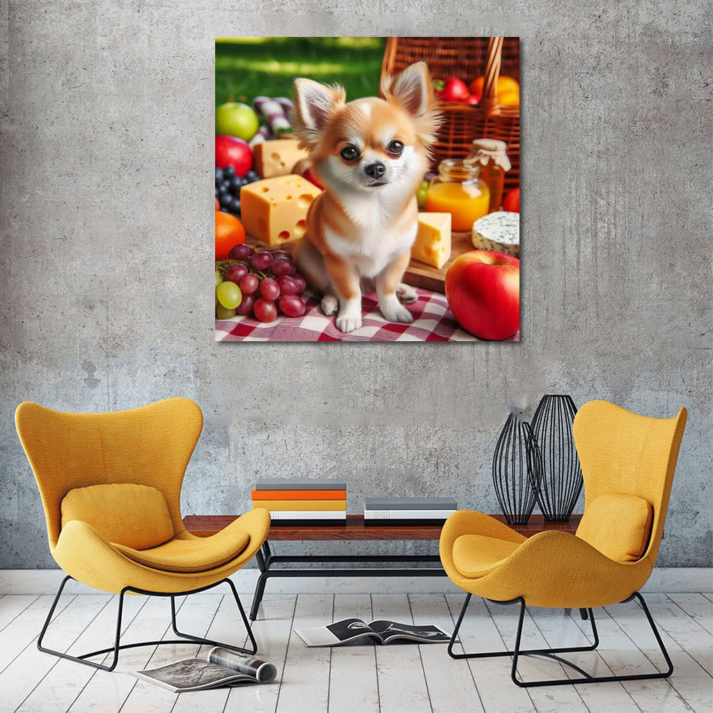 Chihuahua Picnic: Tasty Moments on a Plaid Blanket with Fruit and Cheese