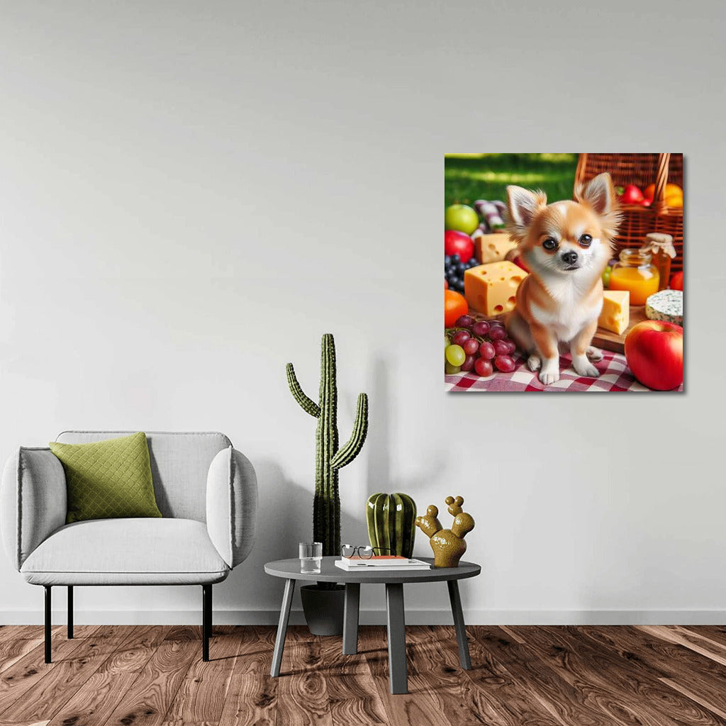 Chihuahua Picnic: Tasty Moments on a Plaid Blanket with Fruit and Cheese
