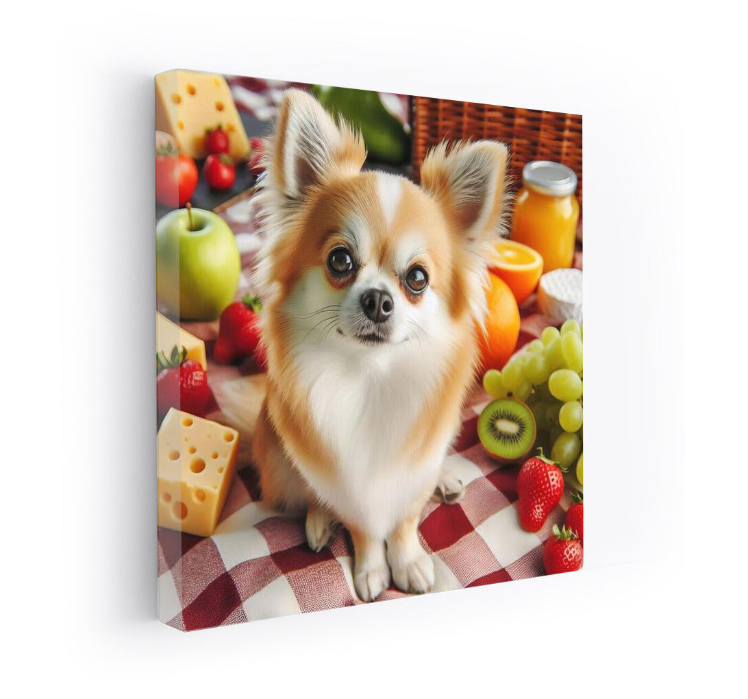 Chihuahua Picnic: Fruit and Cheese on a Plaid Blanket