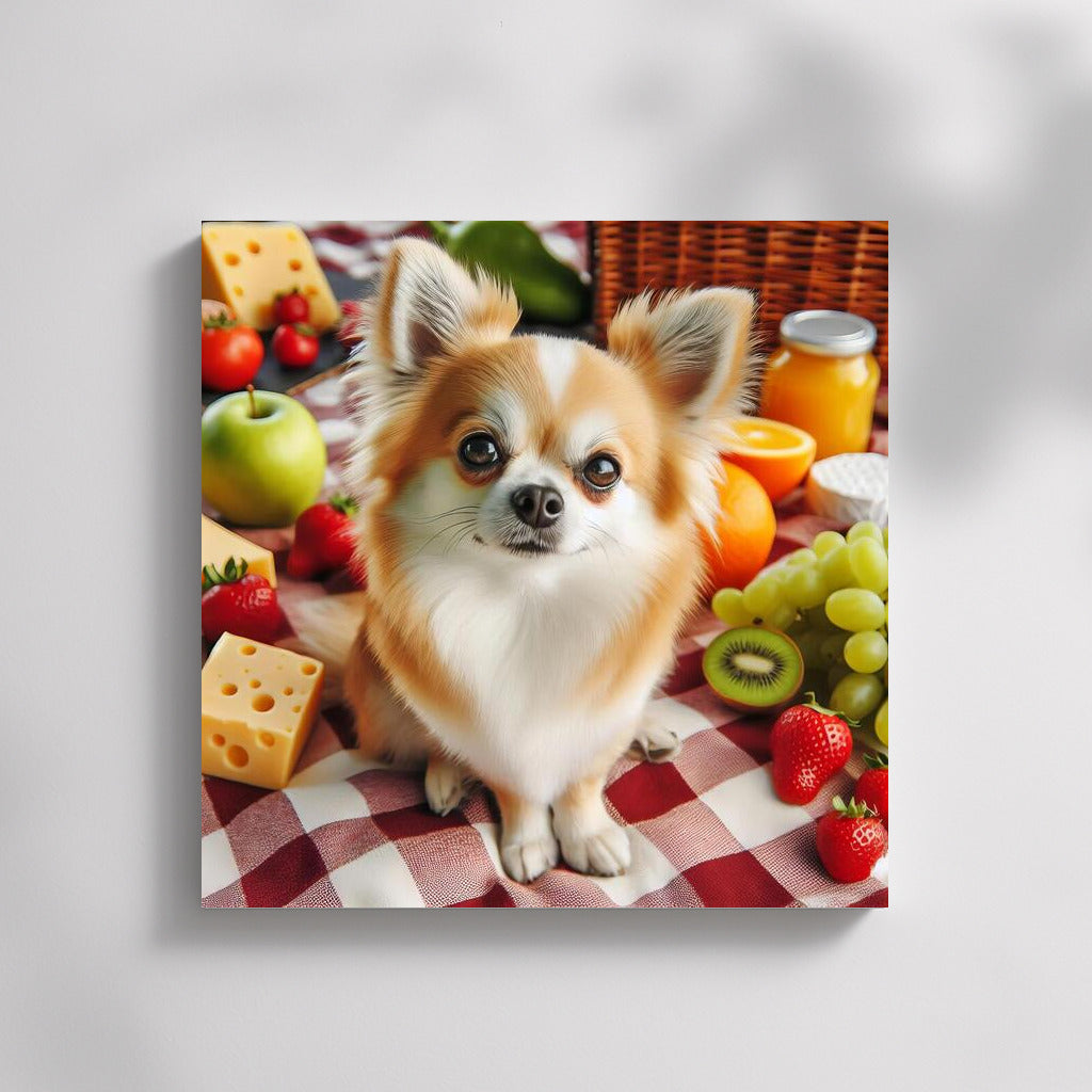 Chihuahua Picnic: Fruit and Cheese on a Plaid Blanket