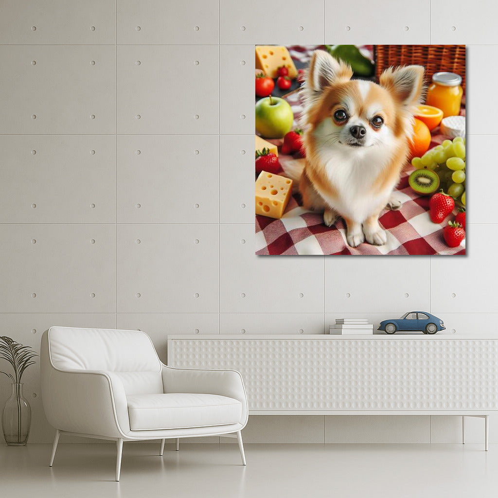 Chihuahua Picnic: Fruit and Cheese on a Plaid Blanket