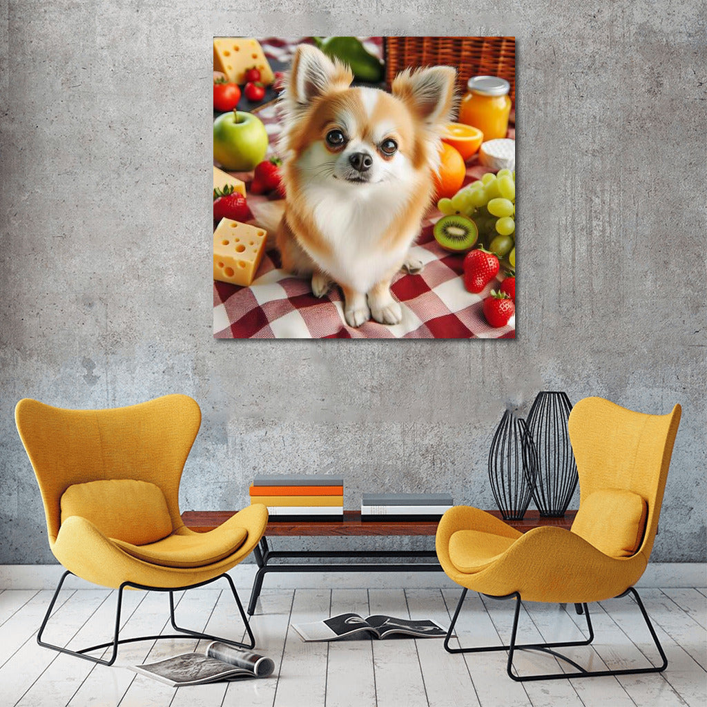 Chihuahua Picnic: Fruit and Cheese on a Plaid Blanket