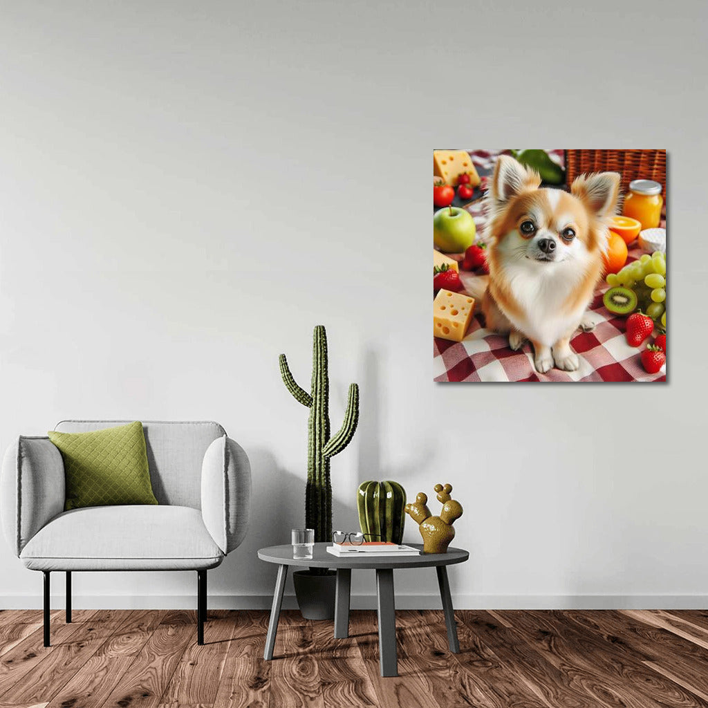 Chihuahua Picnic: Fruit and Cheese on a Plaid Blanket