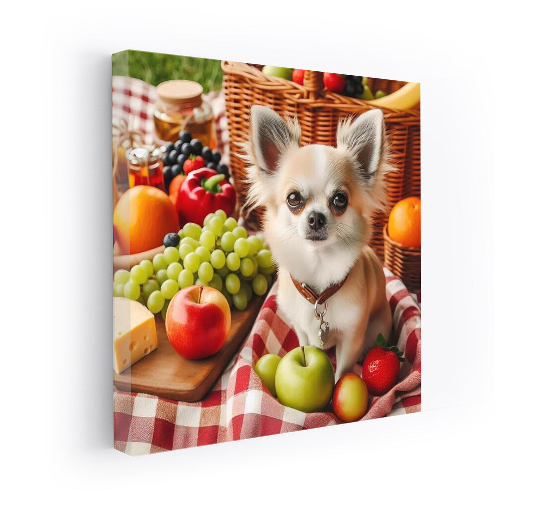 Chihuahua on a Picnic: Blanket, Fruit and Cheese
