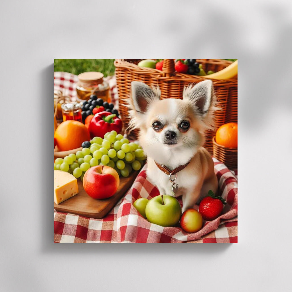 Chihuahua on a Picnic: Blanket, Fruit and Cheese