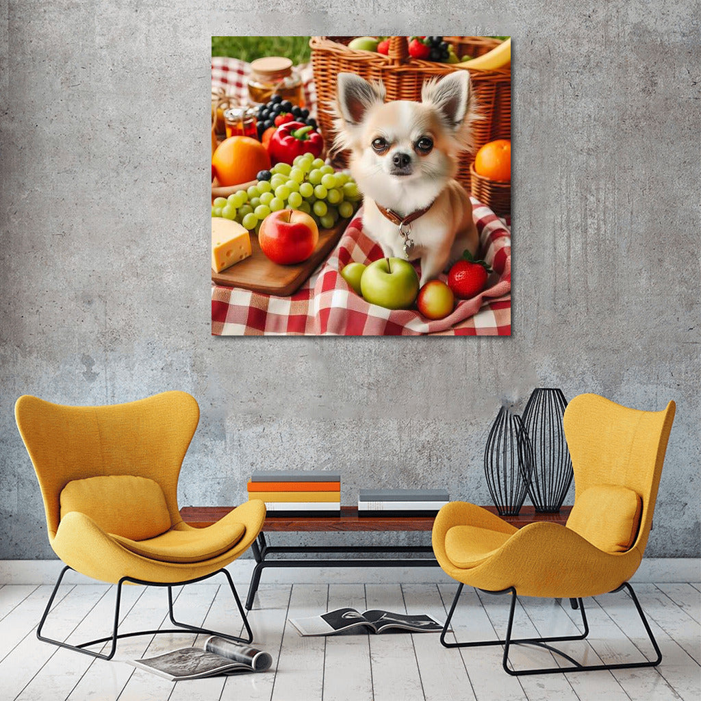 Chihuahua on a Picnic: Blanket, Fruit and Cheese