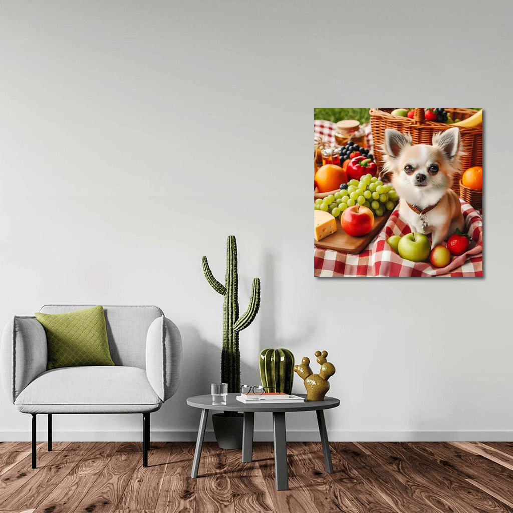 Chihuahua on a Picnic: Blanket, Fruit and Cheese
