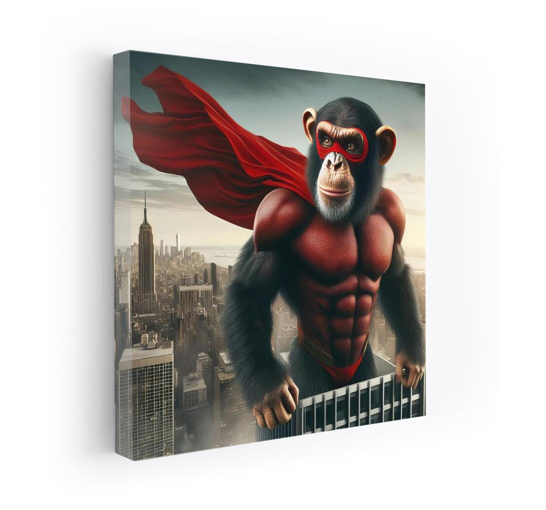A superhero monkey in the sky of a metropolis: a bright cape and city heights