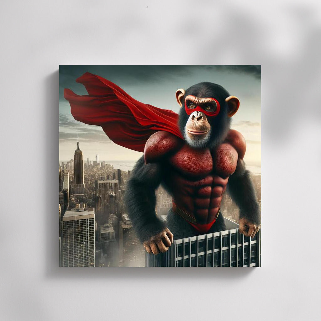 A superhero monkey in the sky of a metropolis: a bright cape and city heights