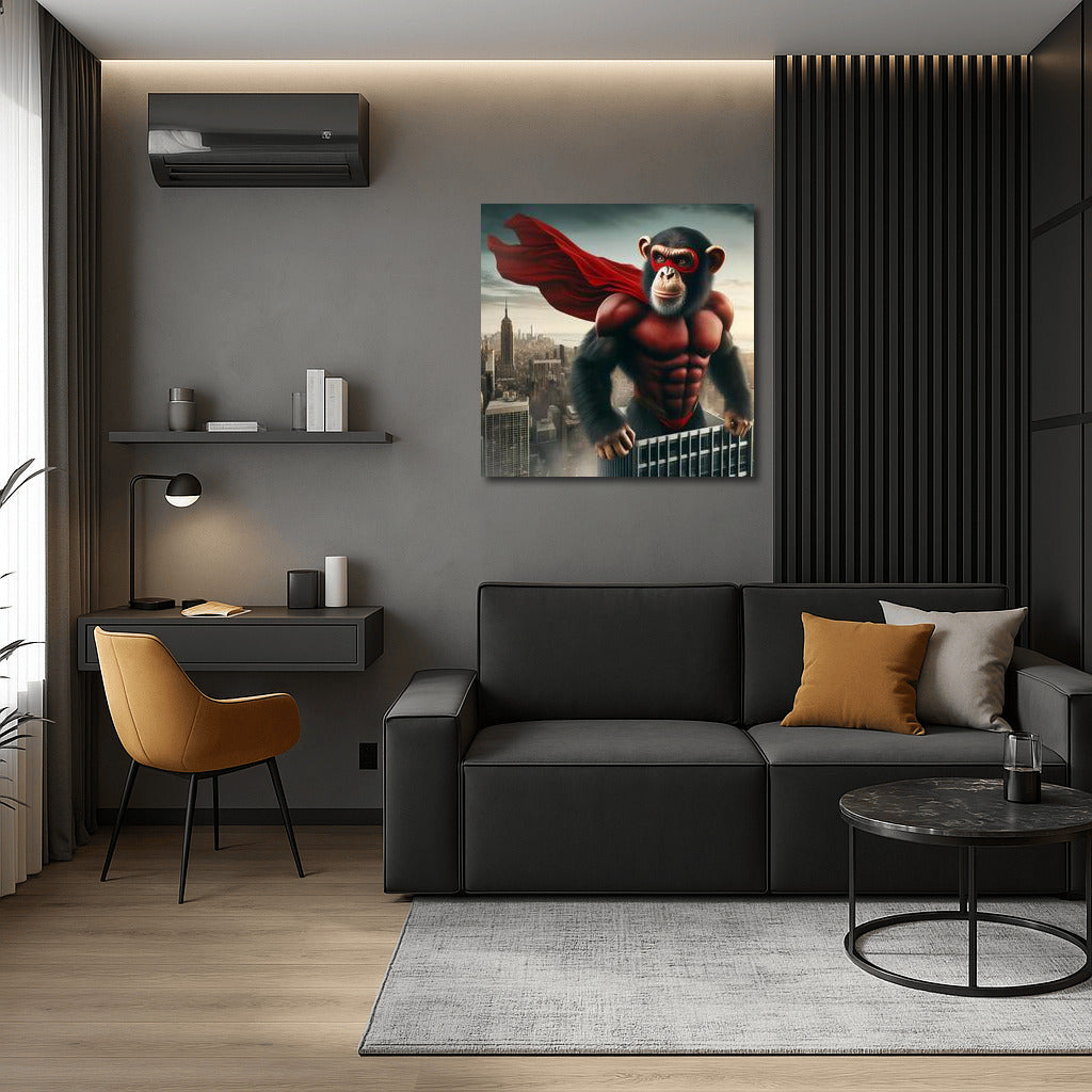 A superhero monkey in the sky of a metropolis: a bright cape and city heights