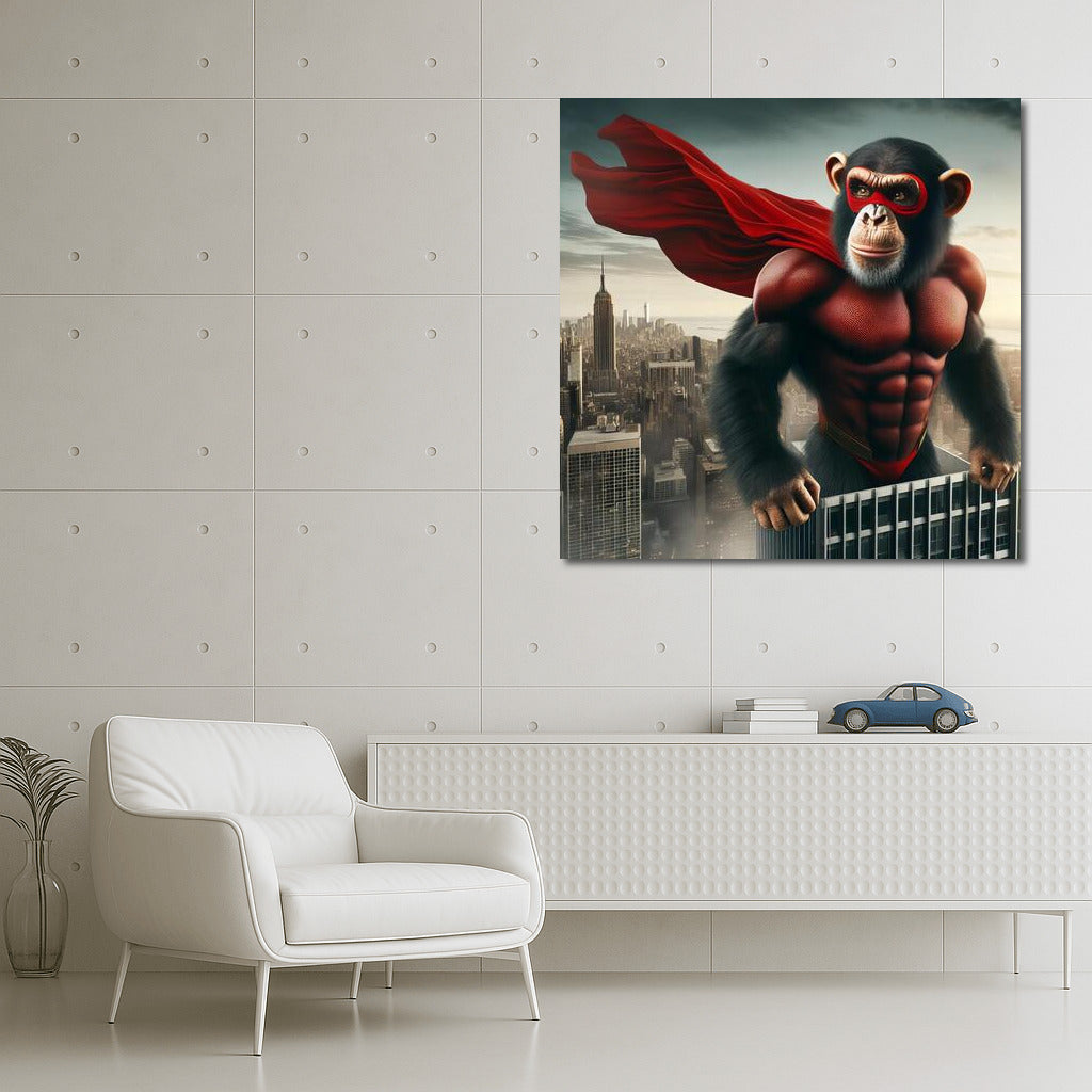 A superhero monkey in the sky of a metropolis: a bright cape and city heights