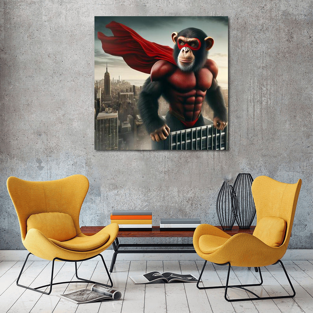 A superhero monkey in the sky of a metropolis: a bright cape and city heights