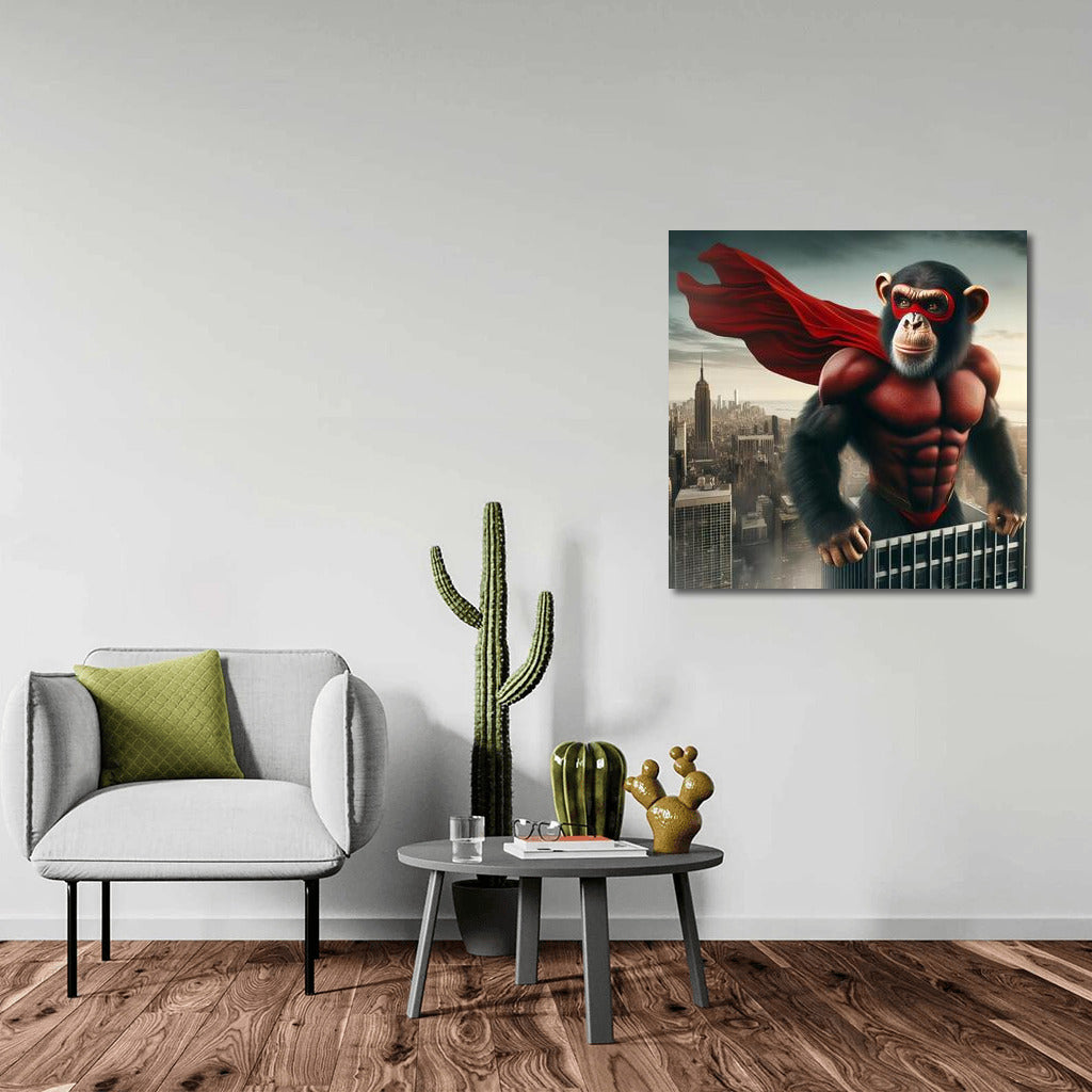 A superhero monkey in the sky of a metropolis: a bright cape and city heights