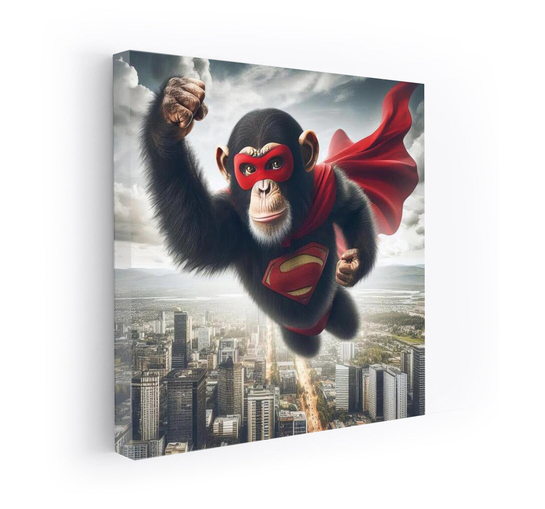 Flying Superhero Monkey in Red Cape over the City