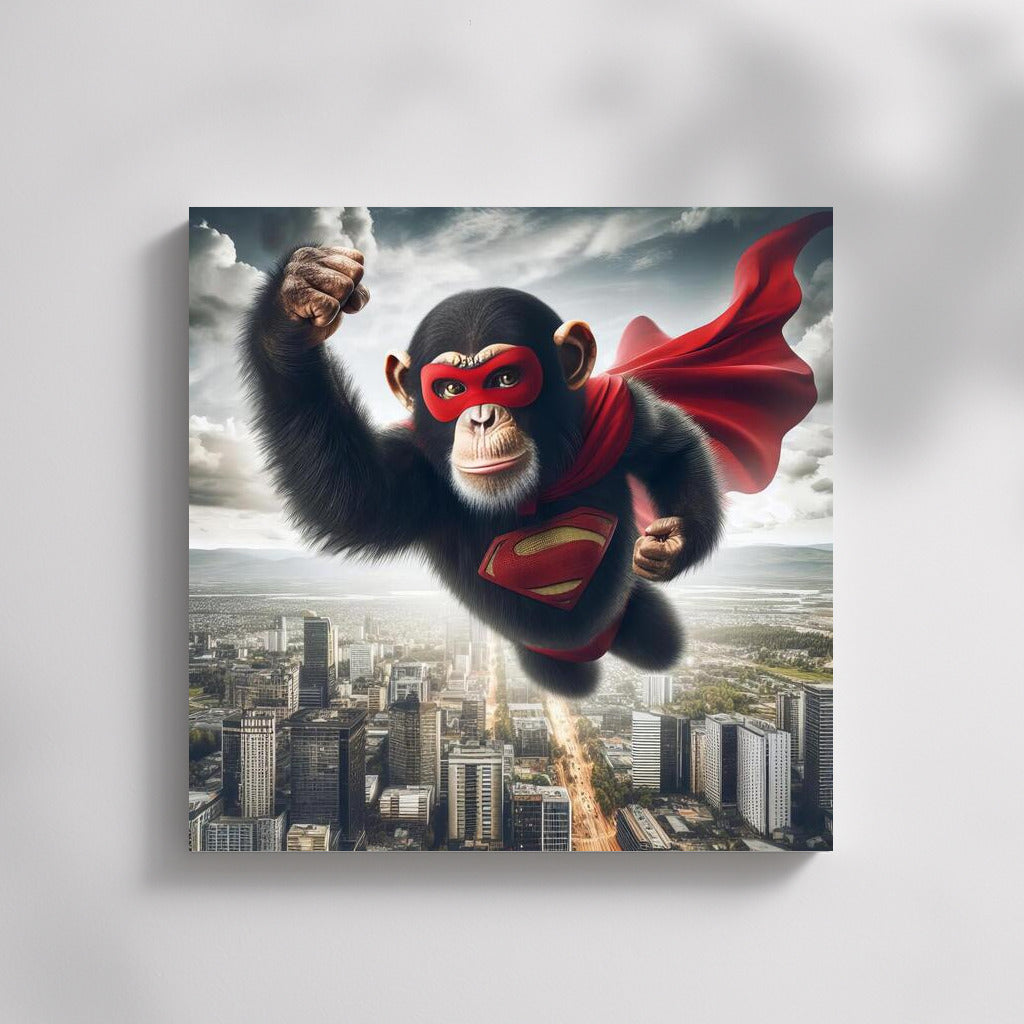 Flying Superhero Monkey in Red Cape over the City