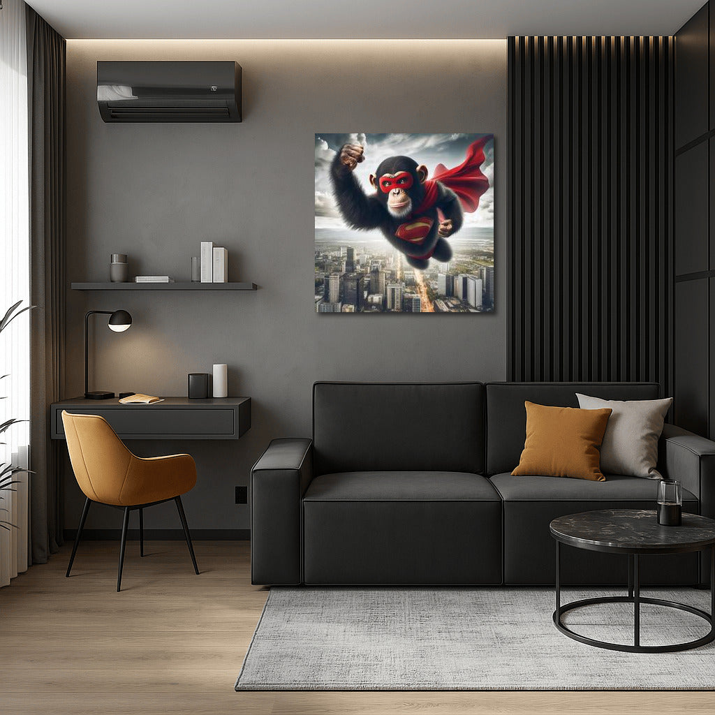 Flying Superhero Monkey in Red Cape over the City