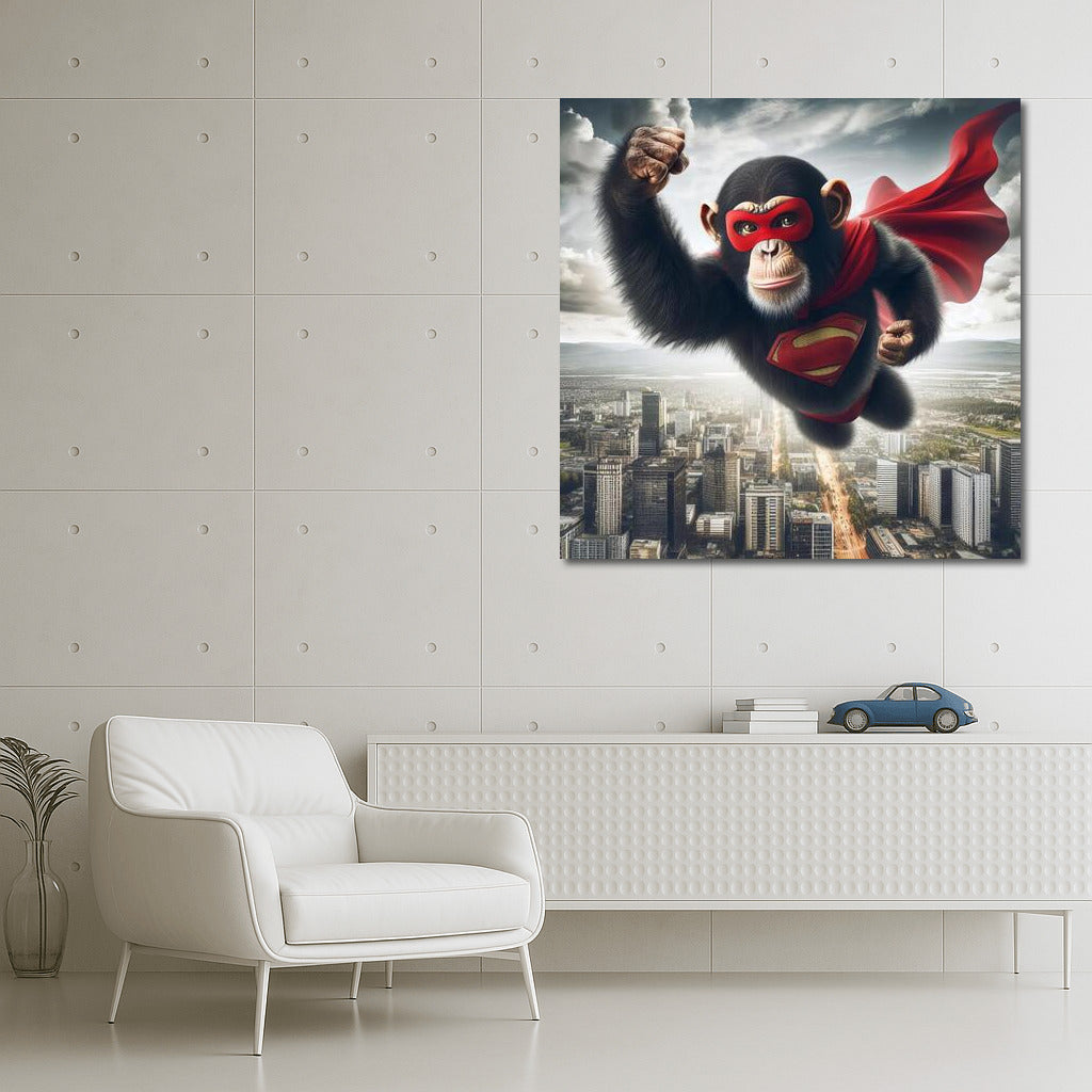 Flying Superhero Monkey in Red Cape over the City