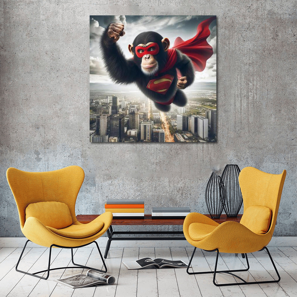 Flying Superhero Monkey in Red Cape over the City