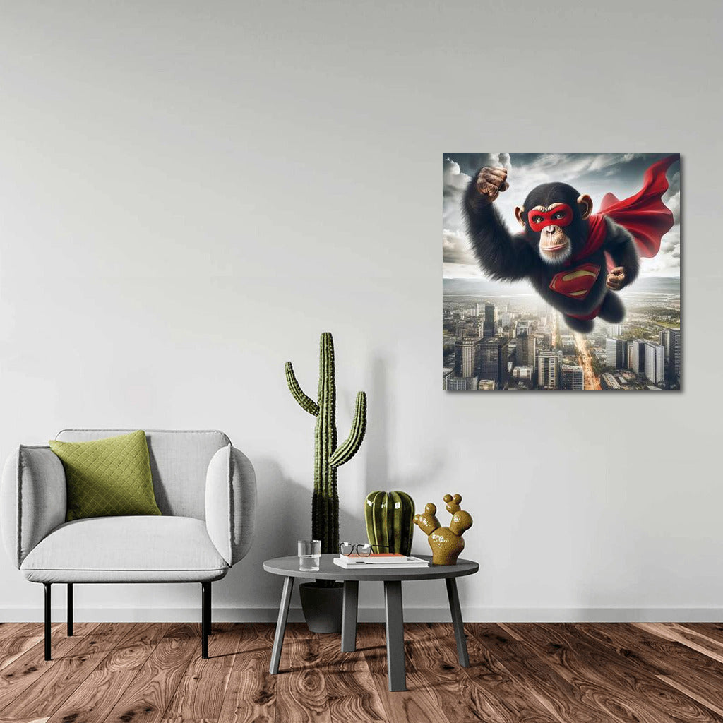 Flying Superhero Monkey in Red Cape over the City