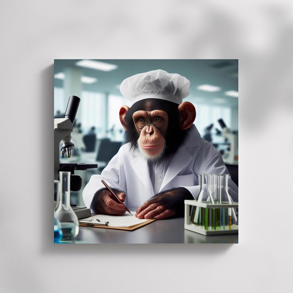 Chimpanzee scientist in the lab: humor and science for your interior
