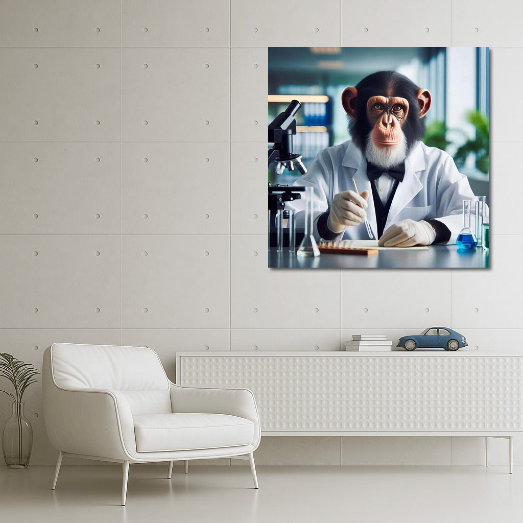 Surrealistic Monkey Scientist in Lab: Unique Interior Decor