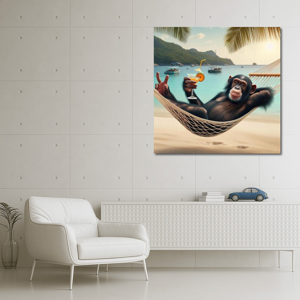 Tropical Chill: Monkey with Cocktail on the Beach