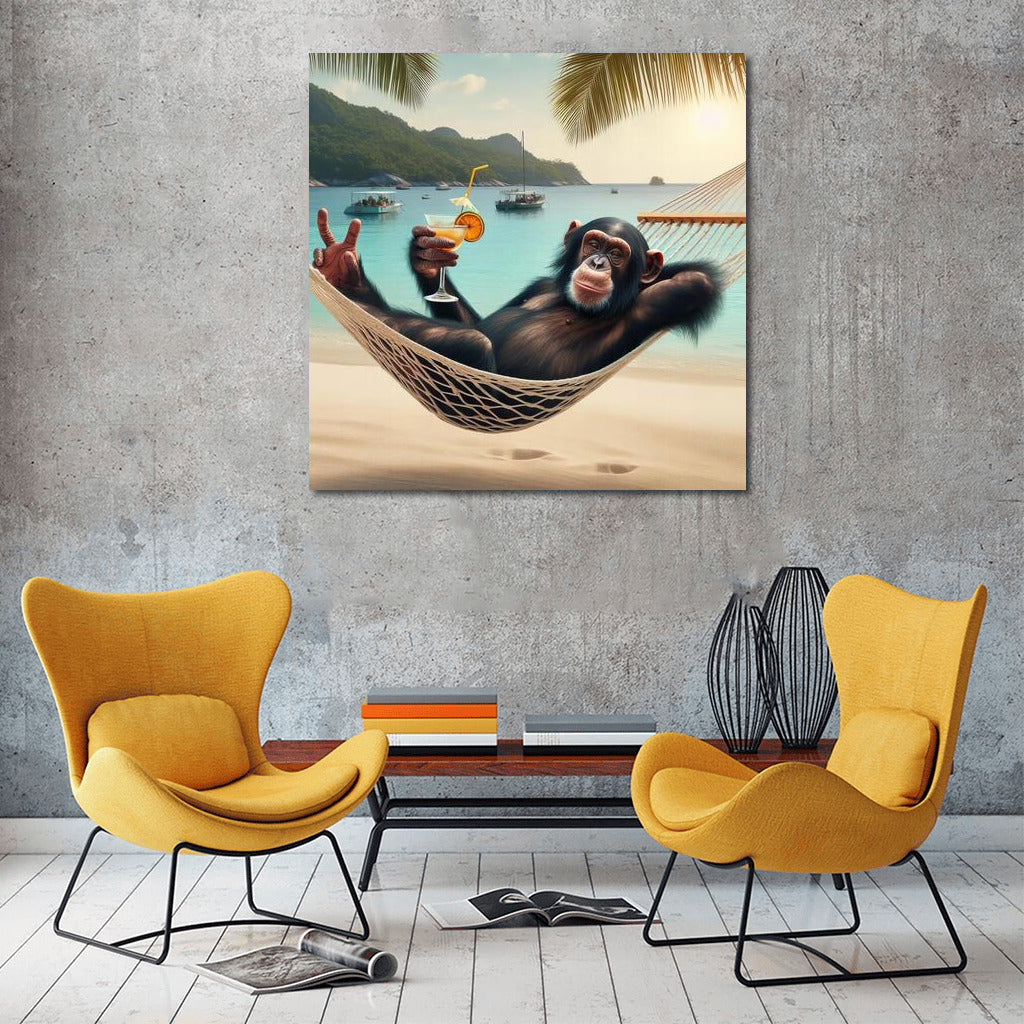 Tropical Chill: Monkey with Cocktail on the Beach
