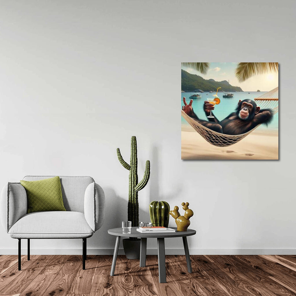Tropical Chill: Monkey with Cocktail on the Beach
