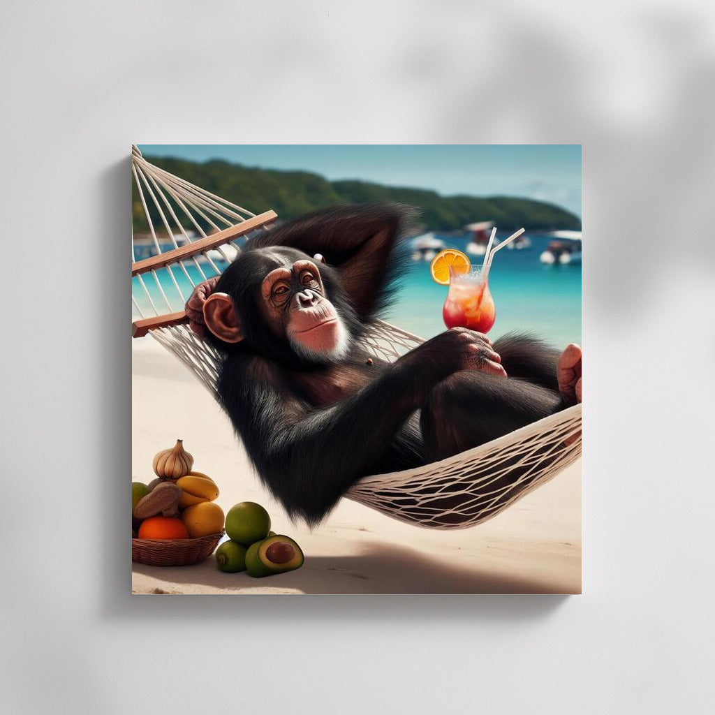 Tropical Relax: Monkey in a Hammock with a Cocktail on the Beach