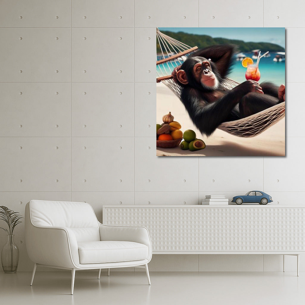 Tropical Relax: Monkey in a Hammock with a Cocktail on the Beach