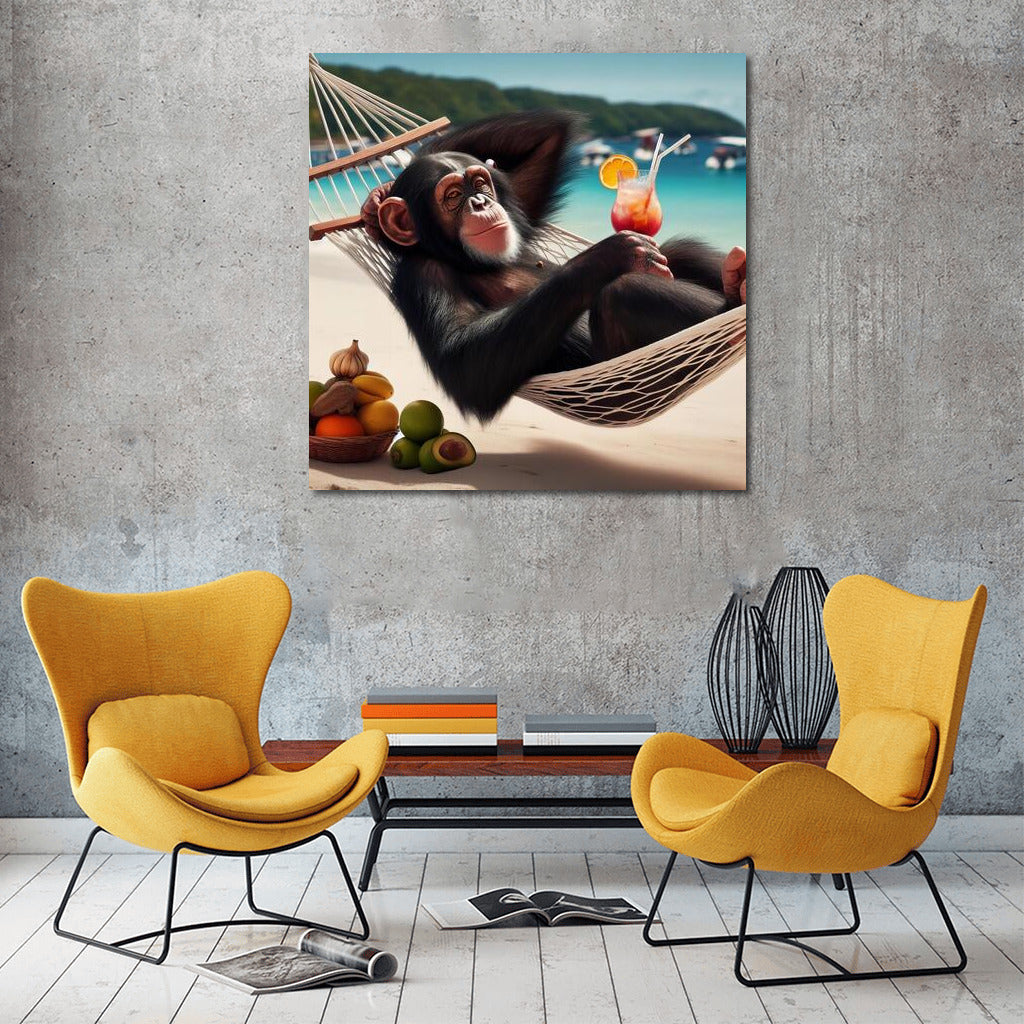 Tropical Relax: Monkey in a Hammock with a Cocktail on the Beach