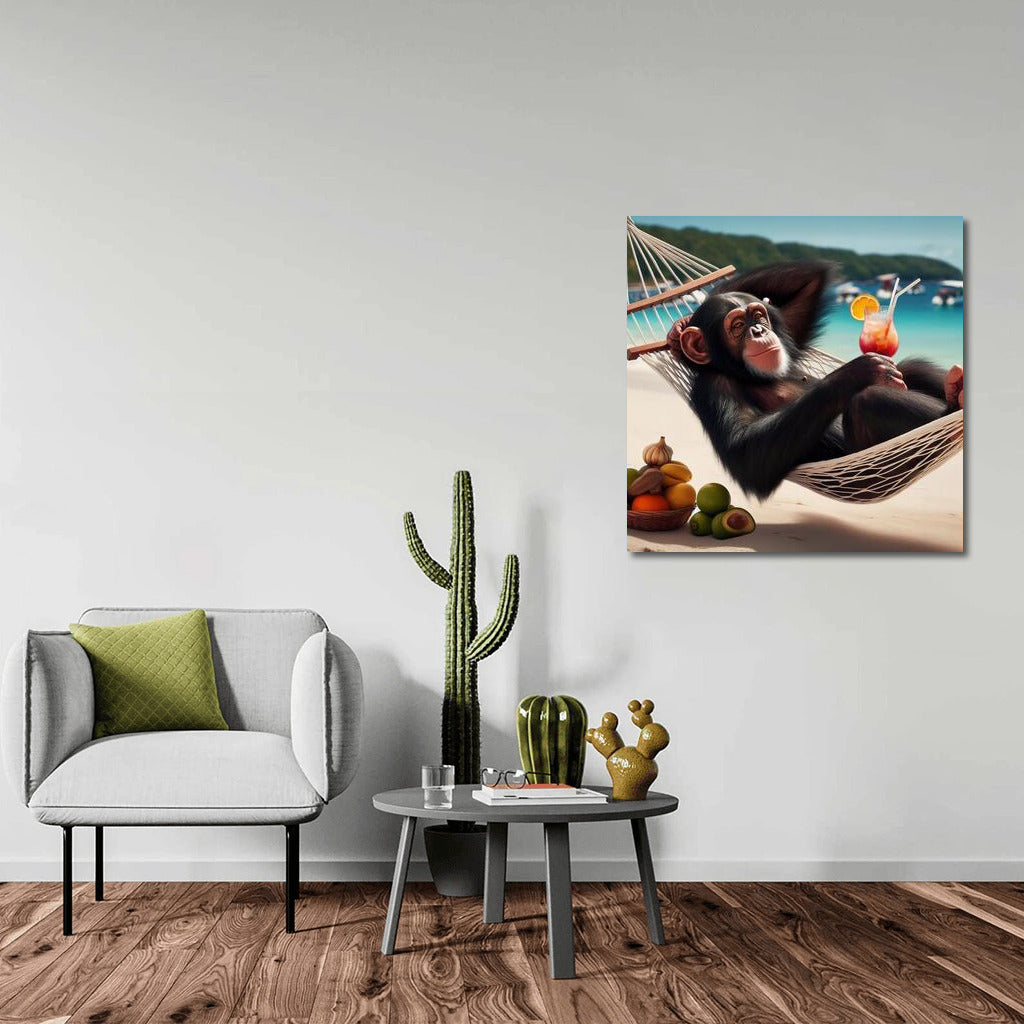 Tropical Relax: Monkey in a Hammock with a Cocktail on the Beach