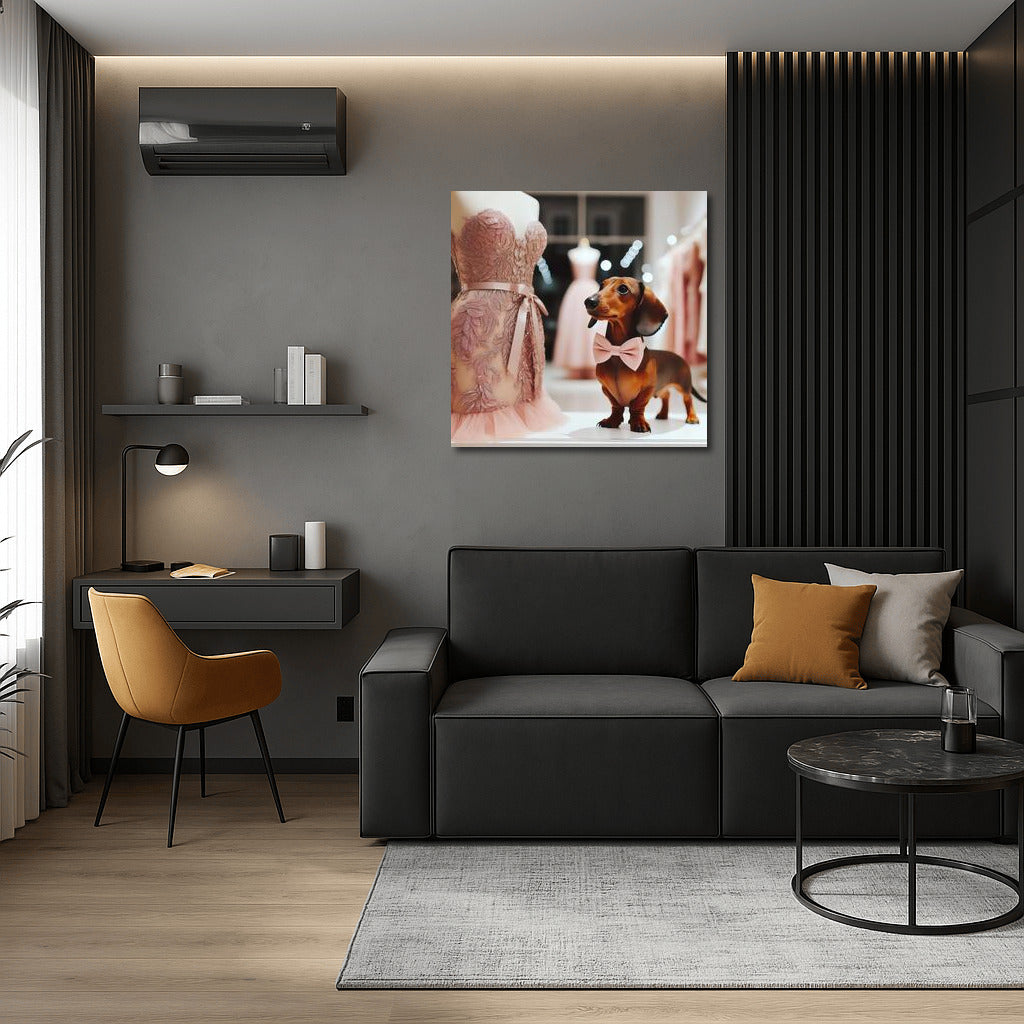 Elegance and Charm: Dress and Dog in a Tie for the Interior