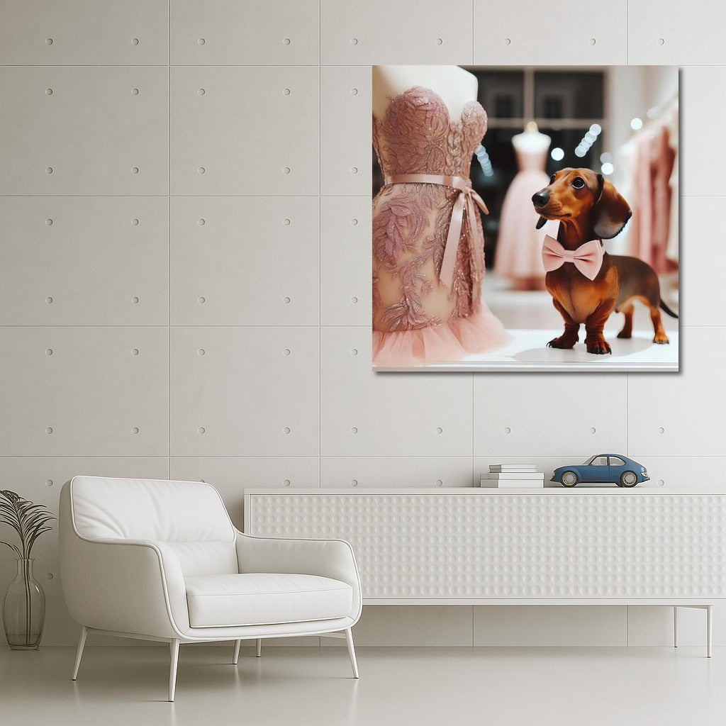 Elegance and Charm: Dress and Dog in a Tie for the Interior
