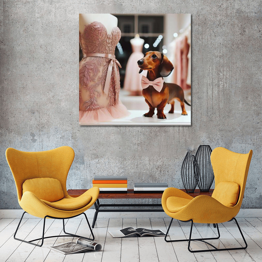 Elegance and Charm: Dress and Dog in a Tie for the Interior