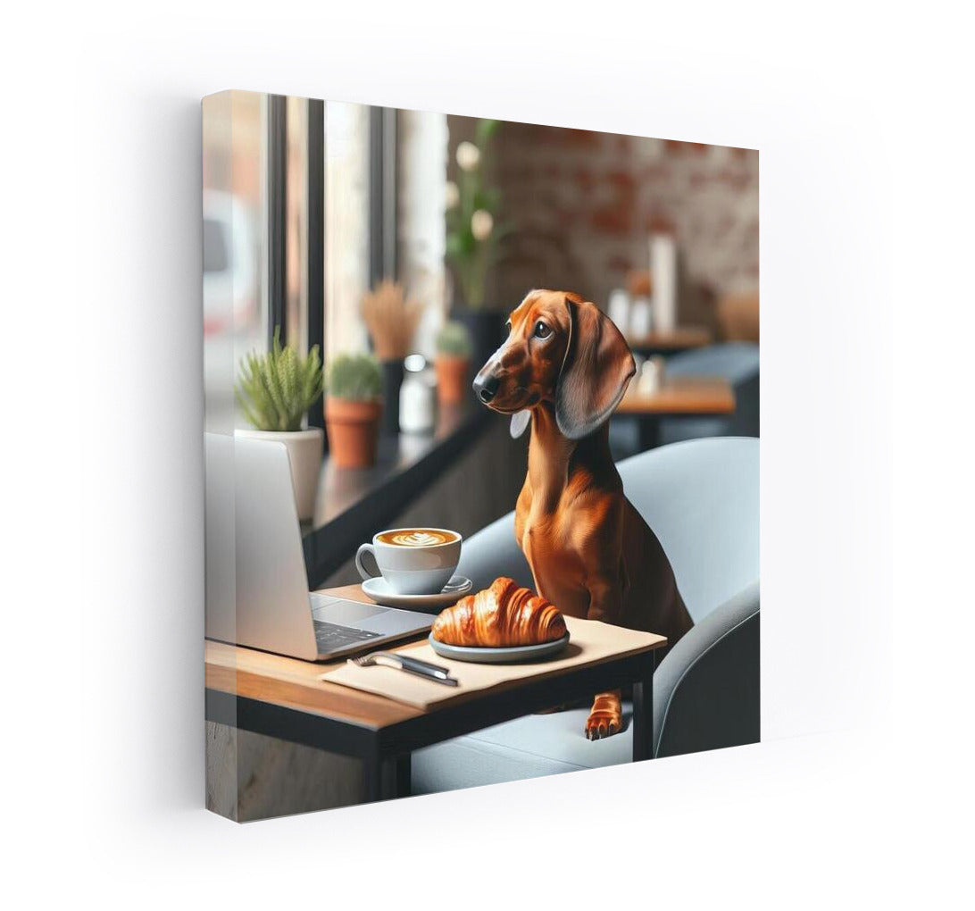 Dachshund at Breakfast: Croissant and Coffee