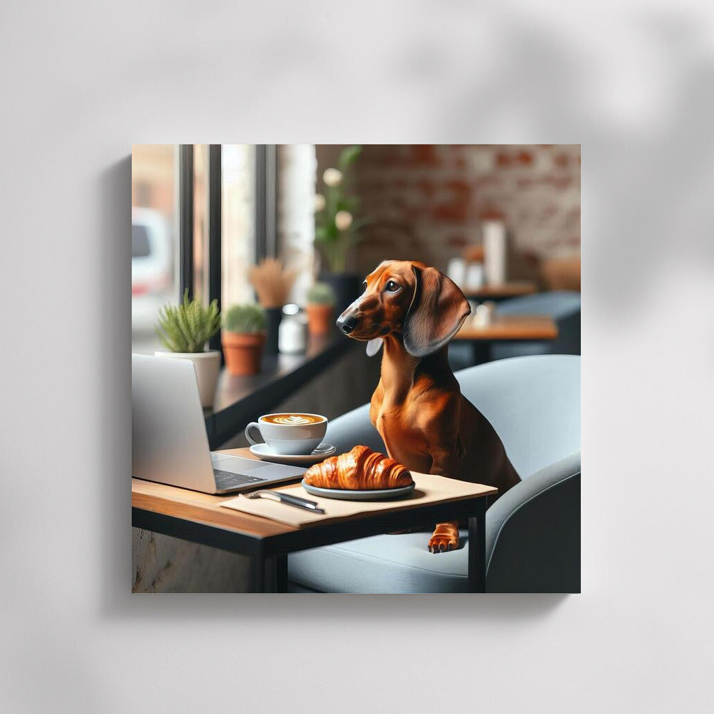 Dachshund at Breakfast: Croissant and Coffee