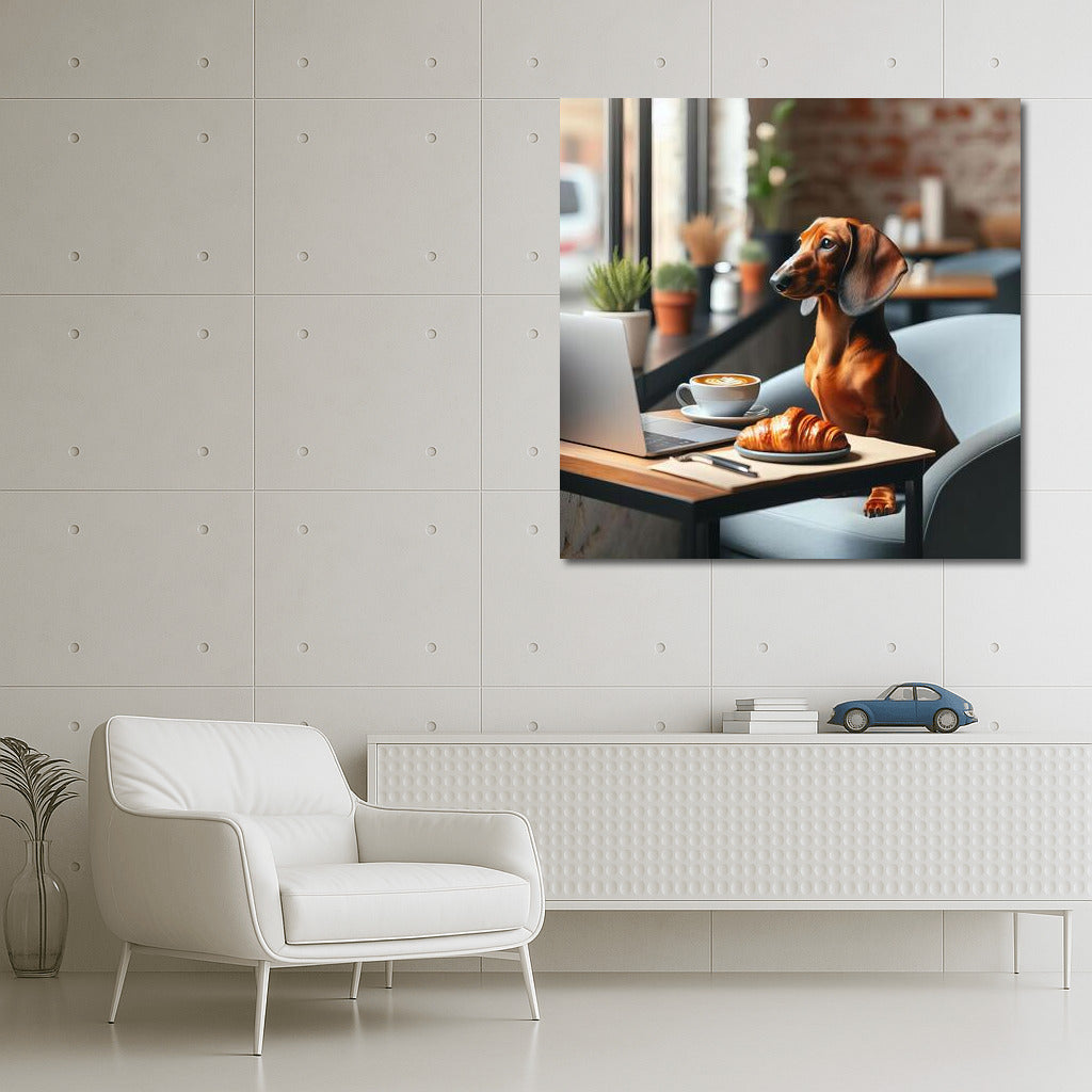 Dachshund at Breakfast: Croissant and Coffee