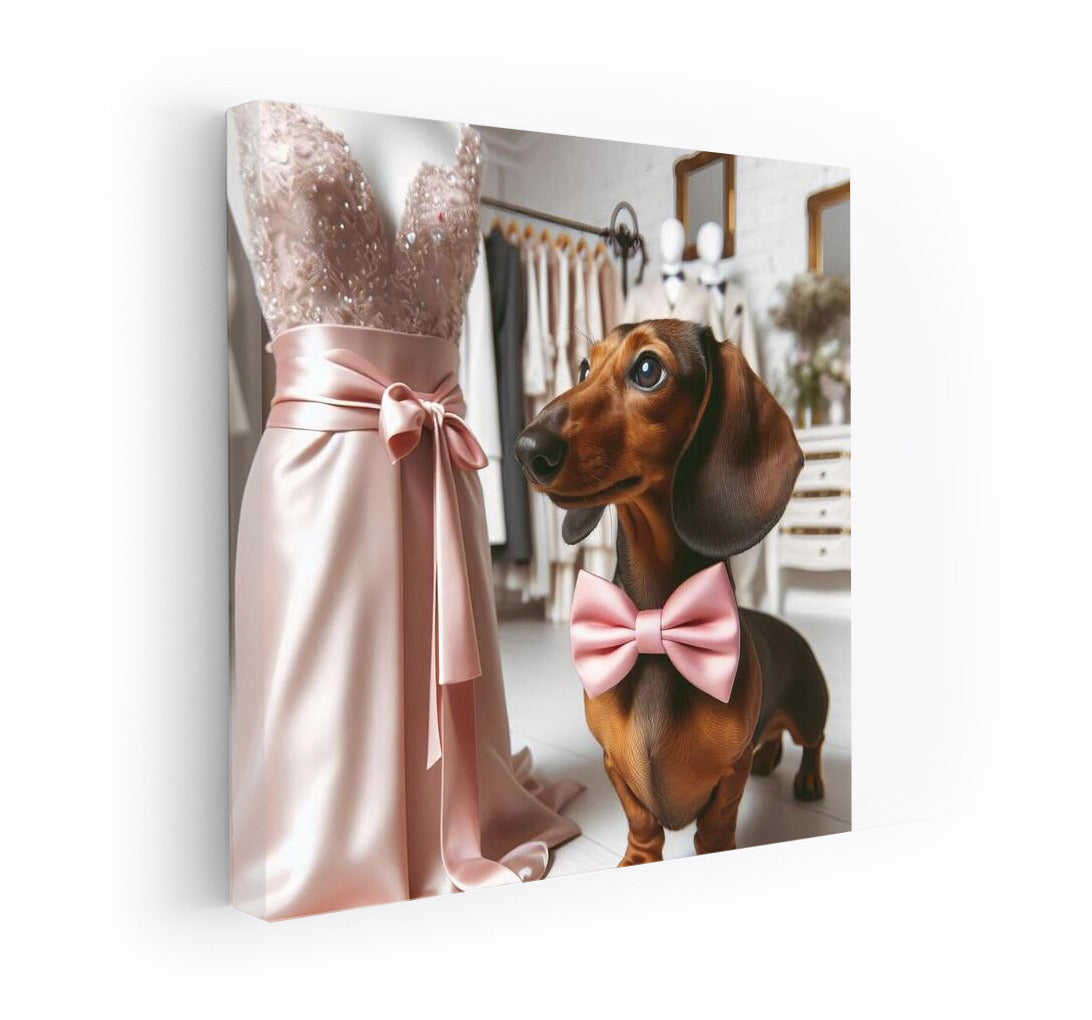 Dachshund in Pink Bow Tie Among Evening Dresses: The Perfect Gift for Fashion and Dog Lovers