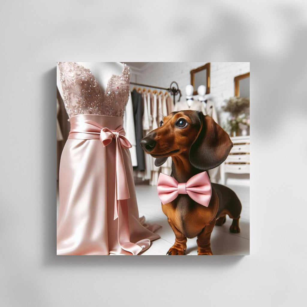 Dachshund in Pink Bow Tie Among Evening Dresses: The Perfect Gift for Fashion and Dog Lovers