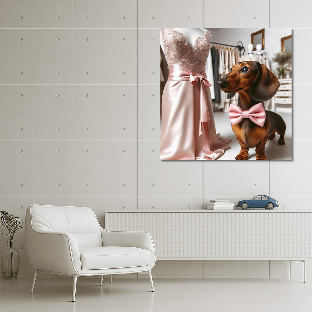 Dachshund in Pink Bow Tie Among Evening Dresses: The Perfect Gift for Fashion and Dog Lovers